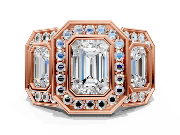 Rose Gold Emerald Cut Bezel Three Stone Halo Engagement Ring Setting with Pave Shoulders