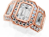 Rose gold Three-Stone Emerald Cut Halo Pavé Diamond Ring_4