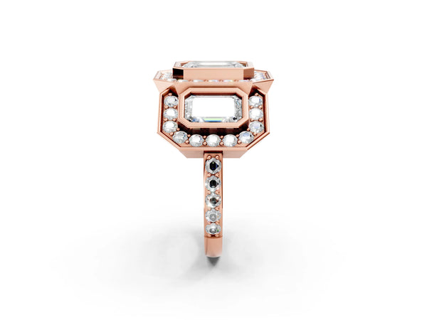 Rose Gold Emerald Cut Bezel Three Stone Halo Engagement Ring Setting with Pave Shoulders
