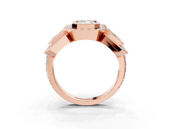 Rose Gold Emerald Cut Bezel Three Stone Halo Engagement Ring Setting with Pave Shoulders