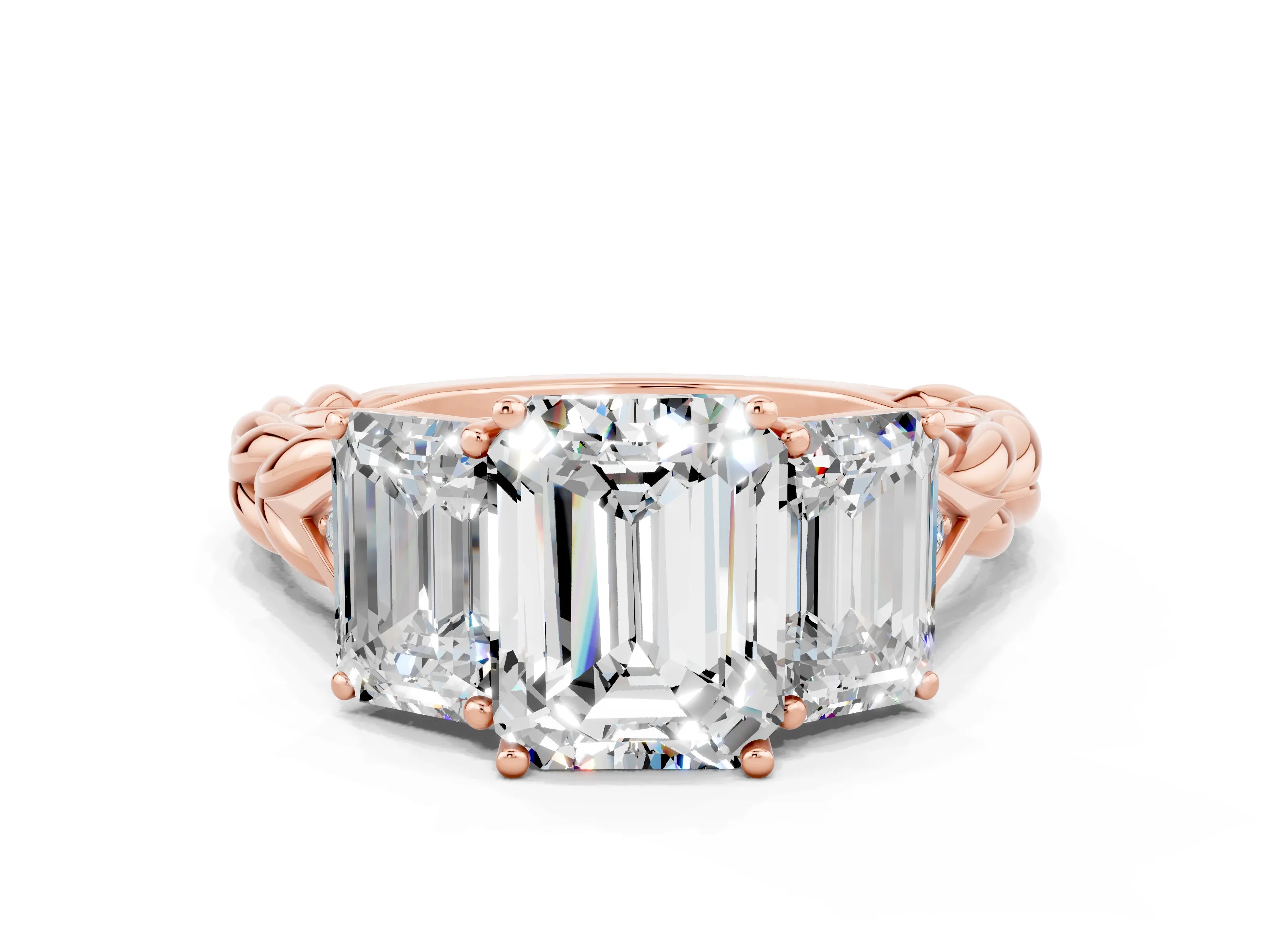 Rose gold Three-Stone Emerald Cut Moissanite Braided Band Ring with Four-Prong Setting_36