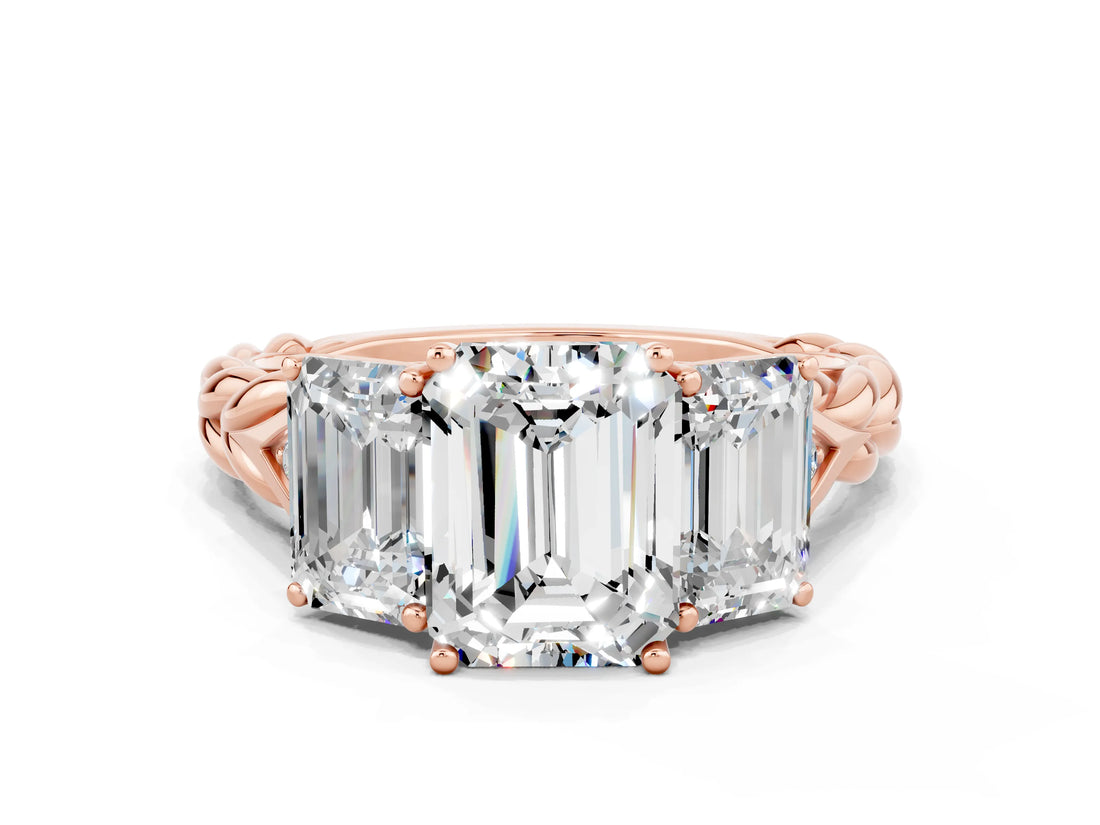 Rose gold Three-Stone Emerald Cut Moissanite Braided Band Ring with Four-Prong Setting_36