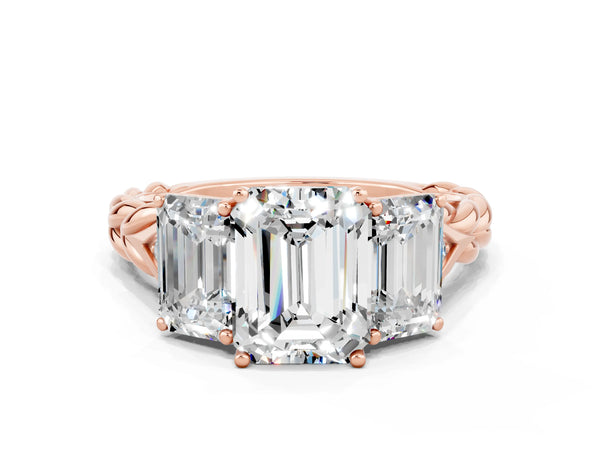 Rose gold Three-Stone Emerald Cut Moissanite Braided Band Ring with Four-Prong Setting