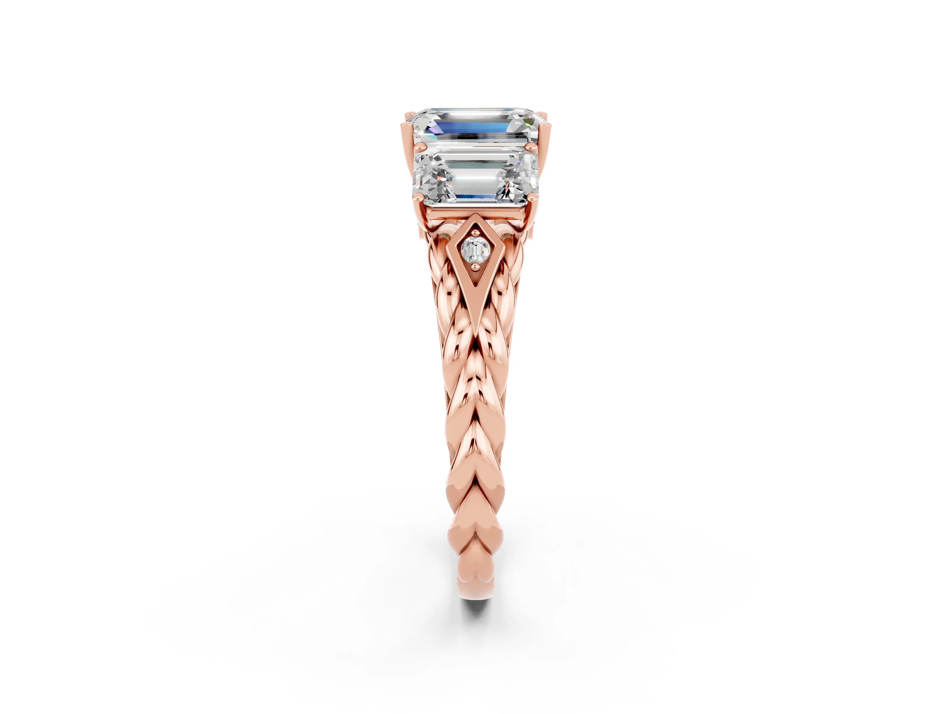 Rose gold Three-Stone Emerald Cut Moissanite Braided Band Ring with Four-Prong Setting_38