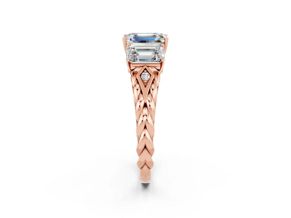 Rose gold Three-Stone Emerald Cut Moissanite Braided Band Ring with Four-Prong Setting