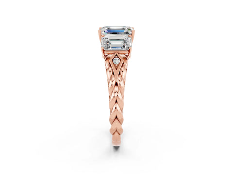Rose gold Three-Stone Emerald Cut Moissanite Braided Band Ring with Four-Prong Setting_38