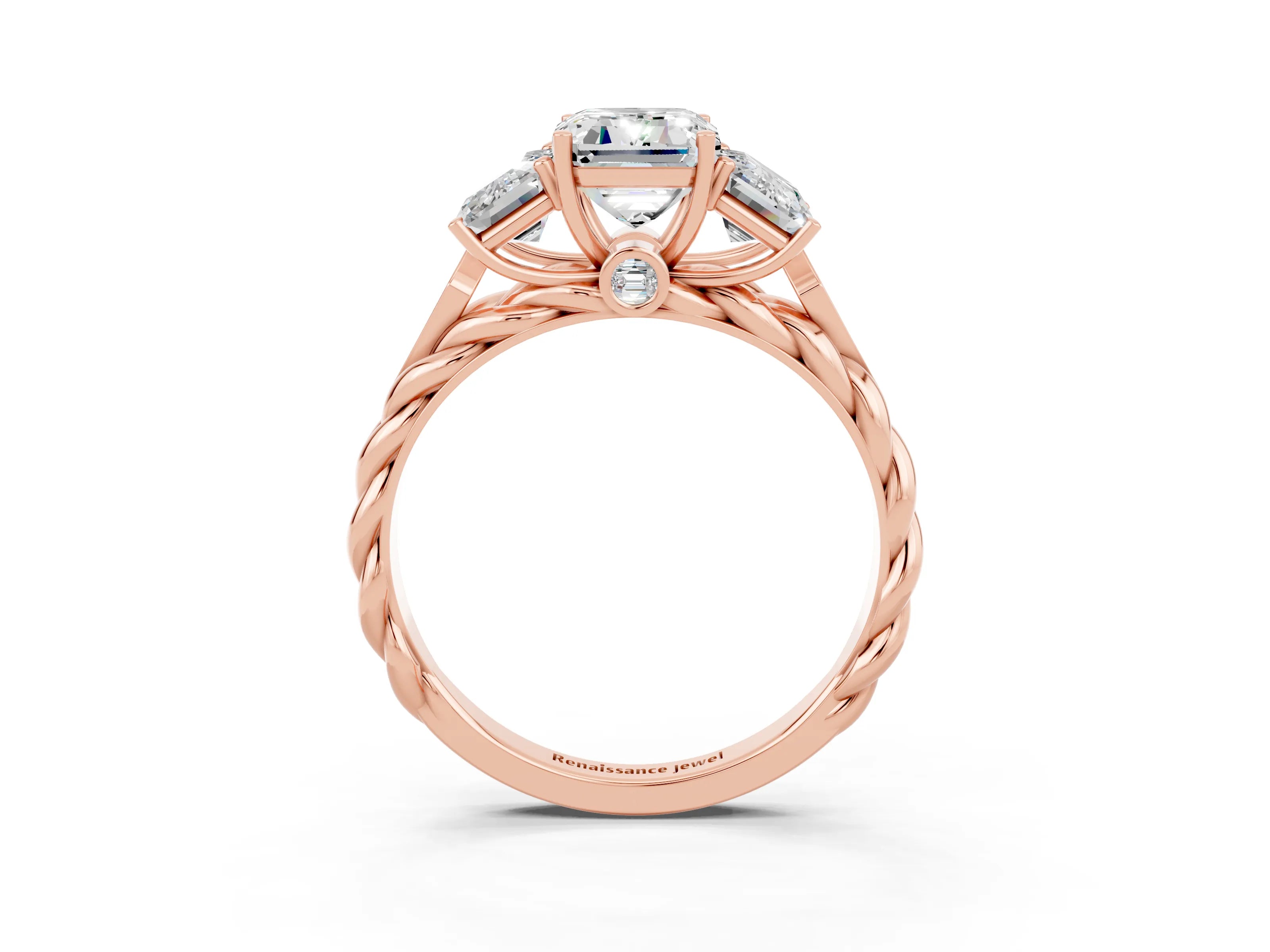 Rose gold Three-Stone Emerald Cut Moissanite Braided Band Ring with Four-Prong Setting_39