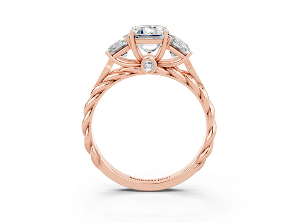 Rose gold Three-Stone Emerald Cut Moissanite Braided Band Ring with Four-Prong Setting