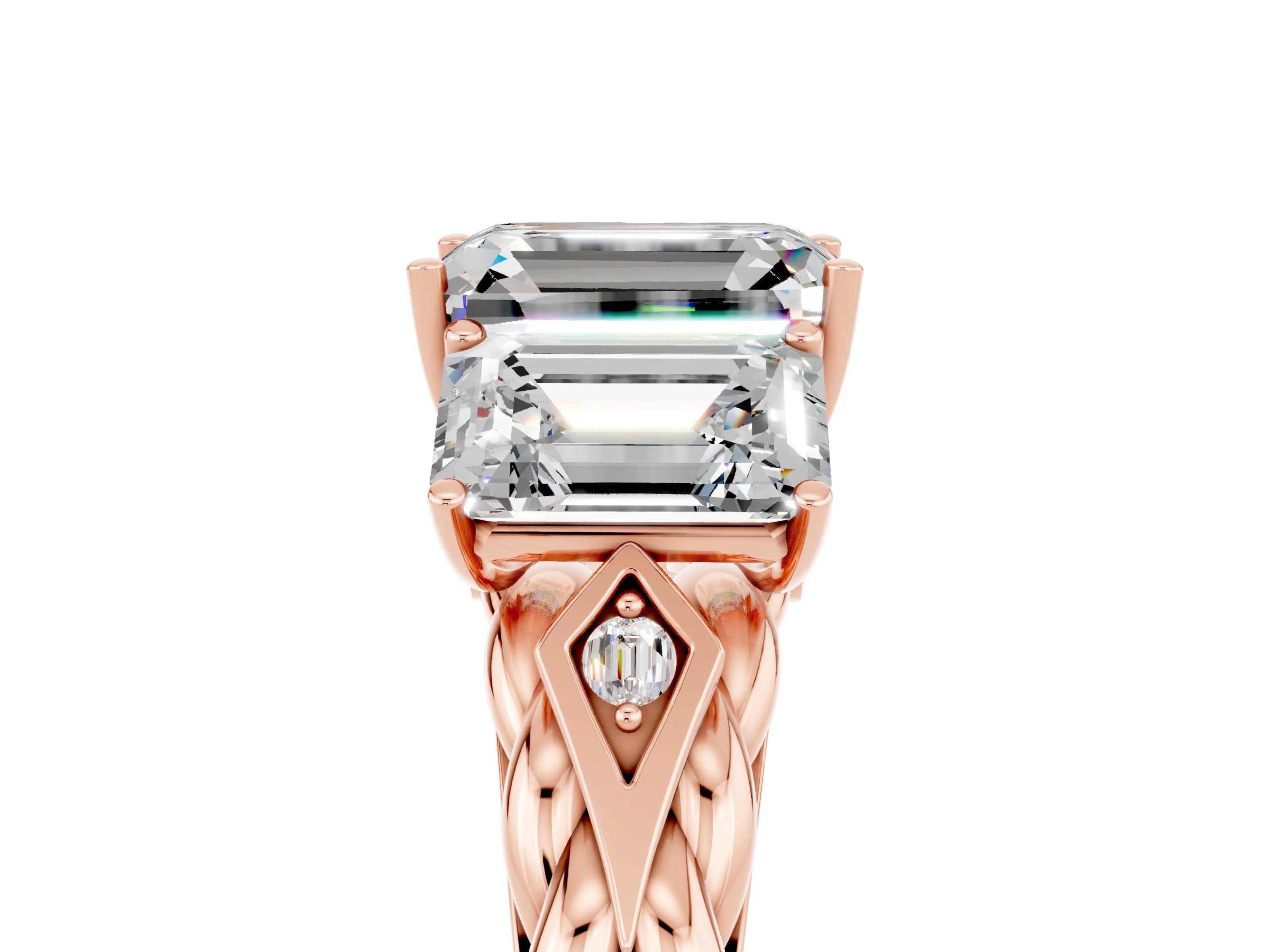 Rose gold Three-Stone Emerald Cut Moissanite Braided Band Ring with Four-Prong Setting_41