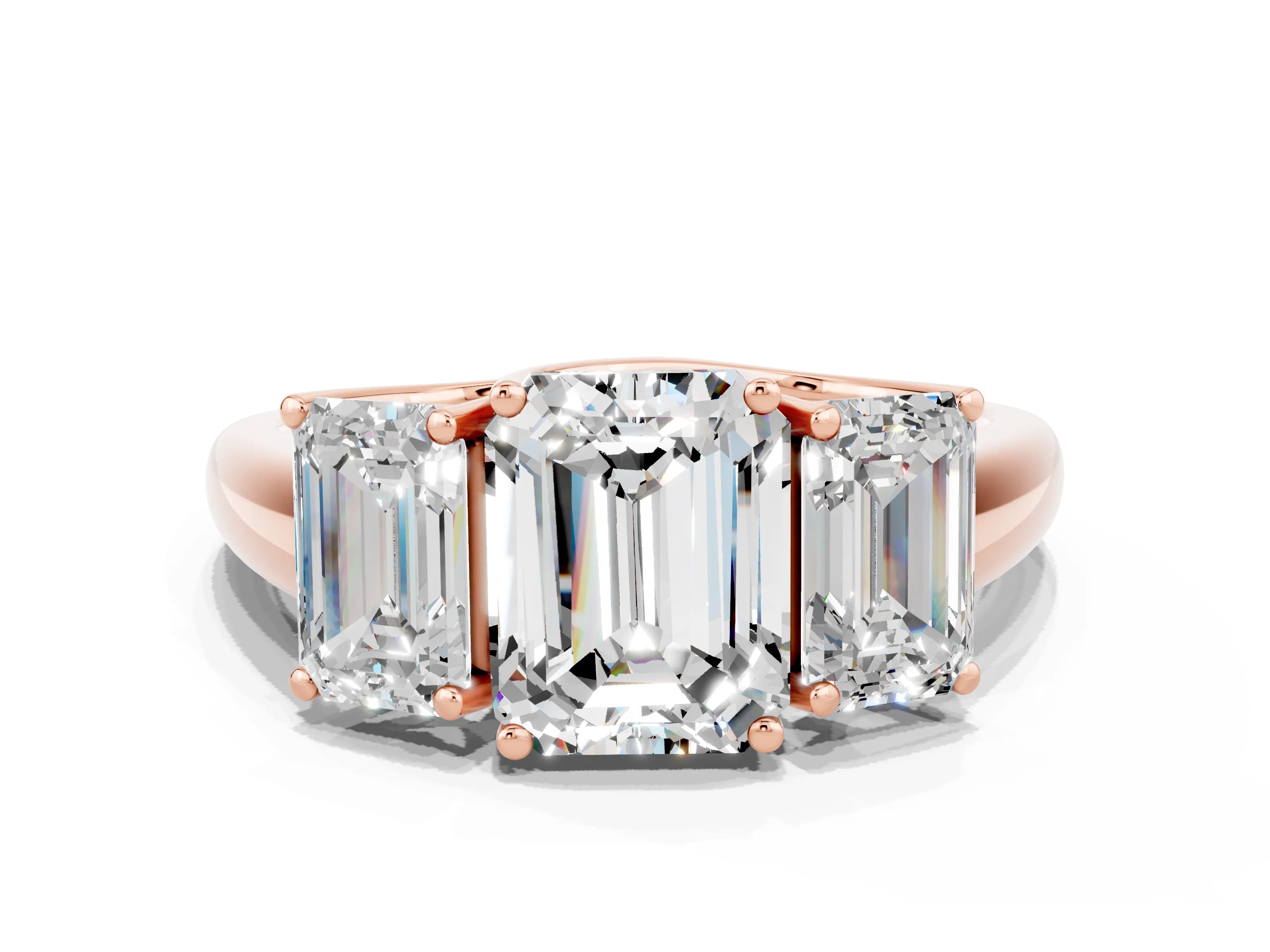 Rose gold Three-Stone Emerald Cut Moissanite Engagement Ring with Prong Setting