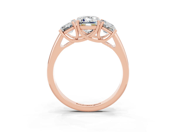 Rose gold Three-Stone Emerald Cut Moissanite Engagement Ring with Prong Setting