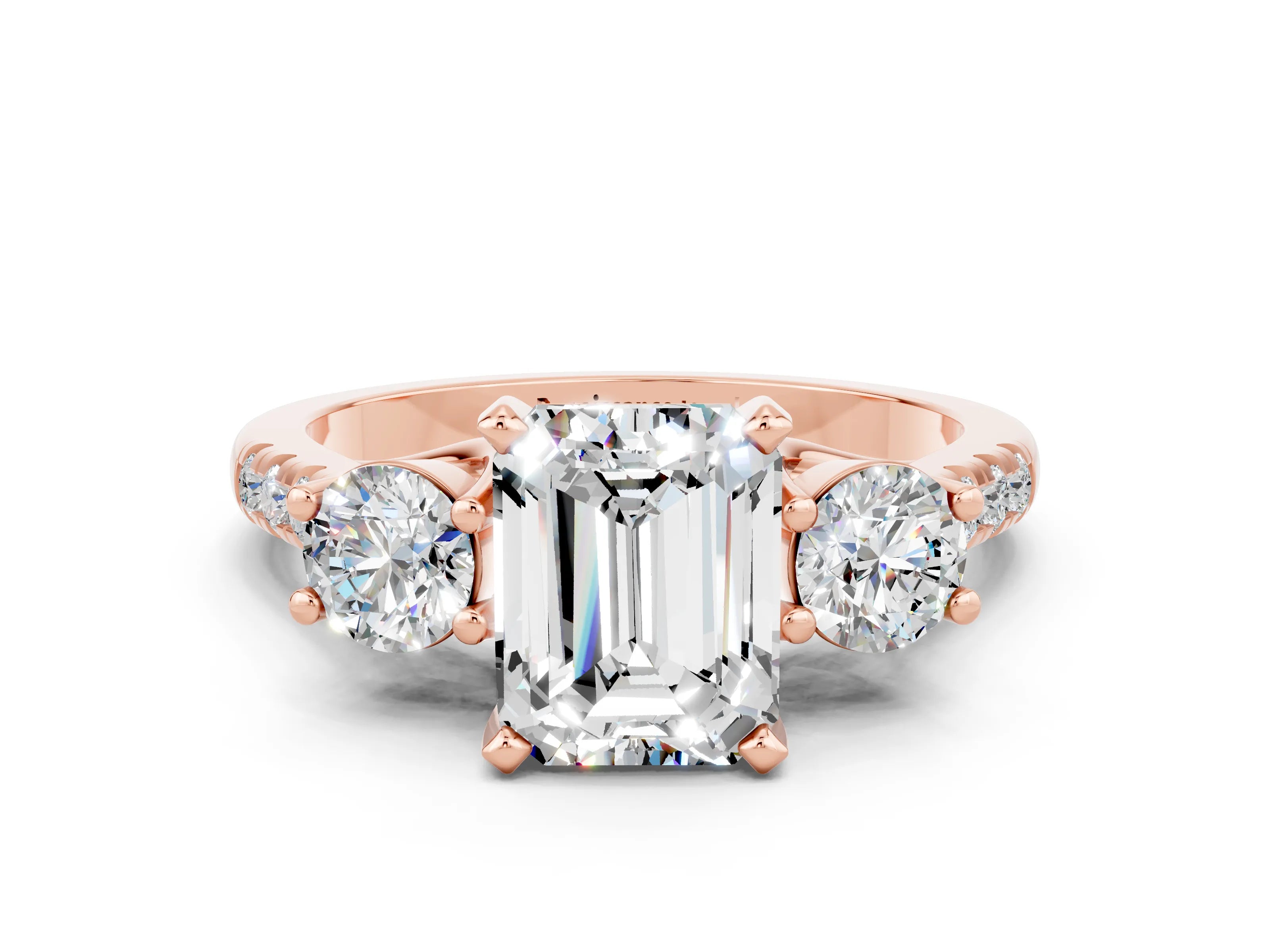 Rose gold Three-Stone Emerald Cut Moissanite Pavé Band with Four-Prong Setting