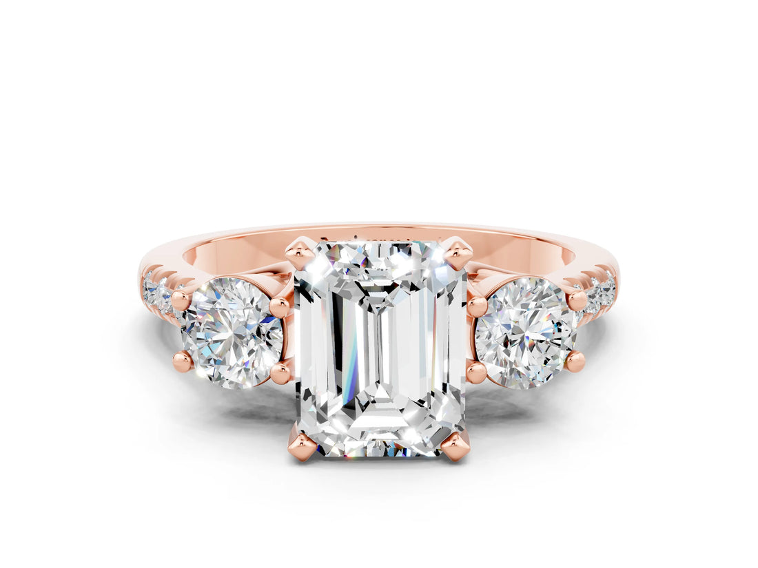 Rose gold Three-Stone Emerald Cut Moissanite Pavé Band with Four-Prong Setting