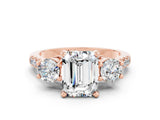 Rose gold Three-Stone Emerald Cut Moissanite Pavé Band with Four-Prong Setting