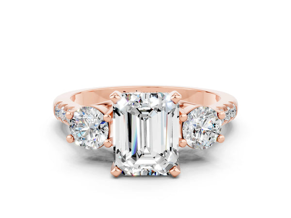Rose gold Three-Stone Emerald Cut Moissanite Pavé Band with Four-Prong Setting