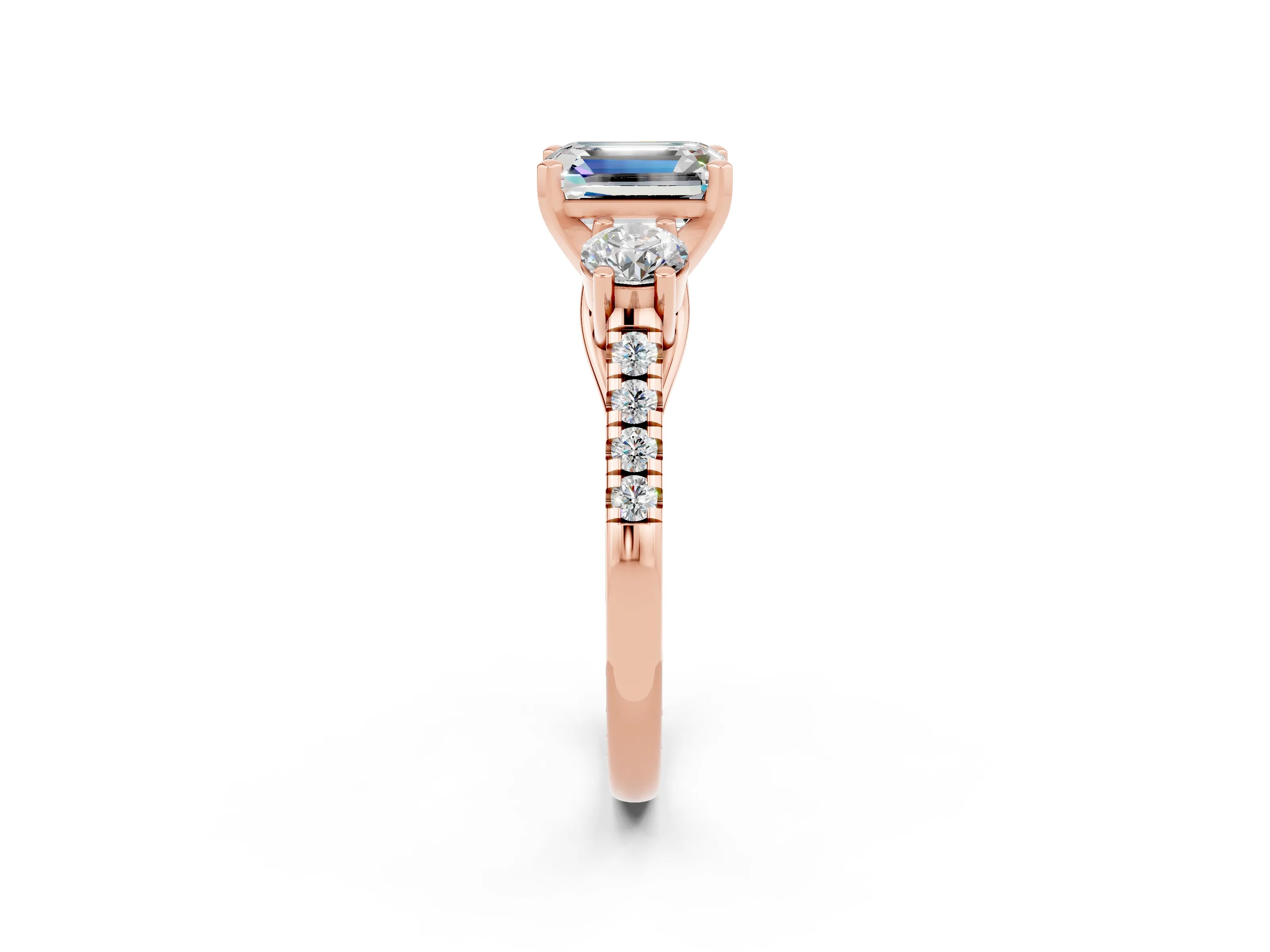 Rose gold Three-Stone Emerald Cut Moissanite Pavé Band with Four-Prong Setting_2