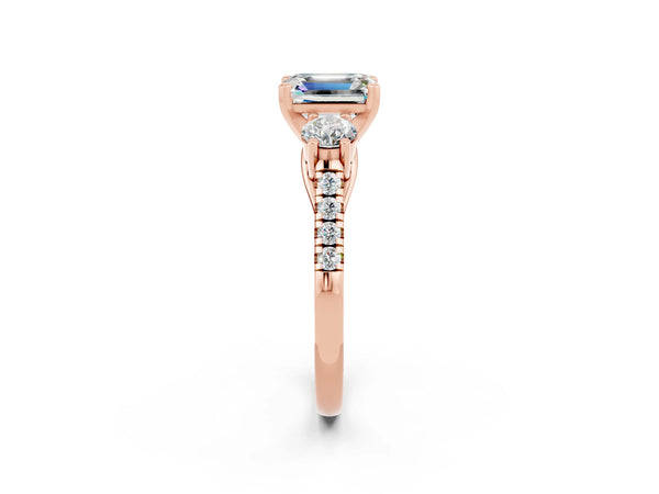 Rose gold Three-Stone Emerald Cut Moissanite Pavé Band with Four-Prong Setting