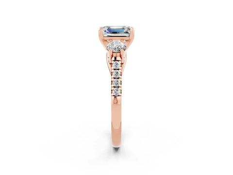 Rose gold Three-Stone Emerald Cut Moissanite Pavé Band with Four-Prong Setting_2