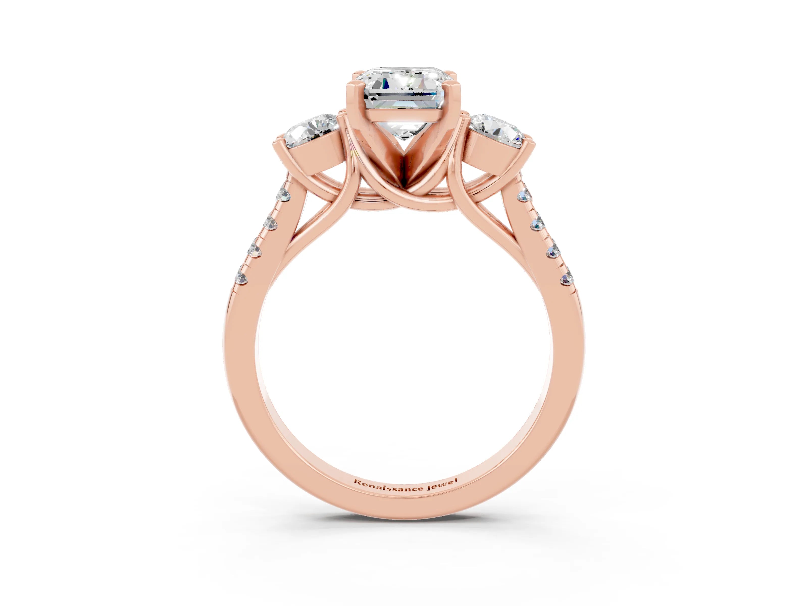 Rose gold Three-Stone Emerald Cut Moissanite Pavé Band with Four-Prong Setting_3