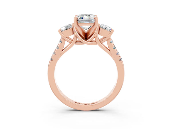 Rose gold Three-Stone Emerald Cut Moissanite Pavé Band with Four-Prong Setting