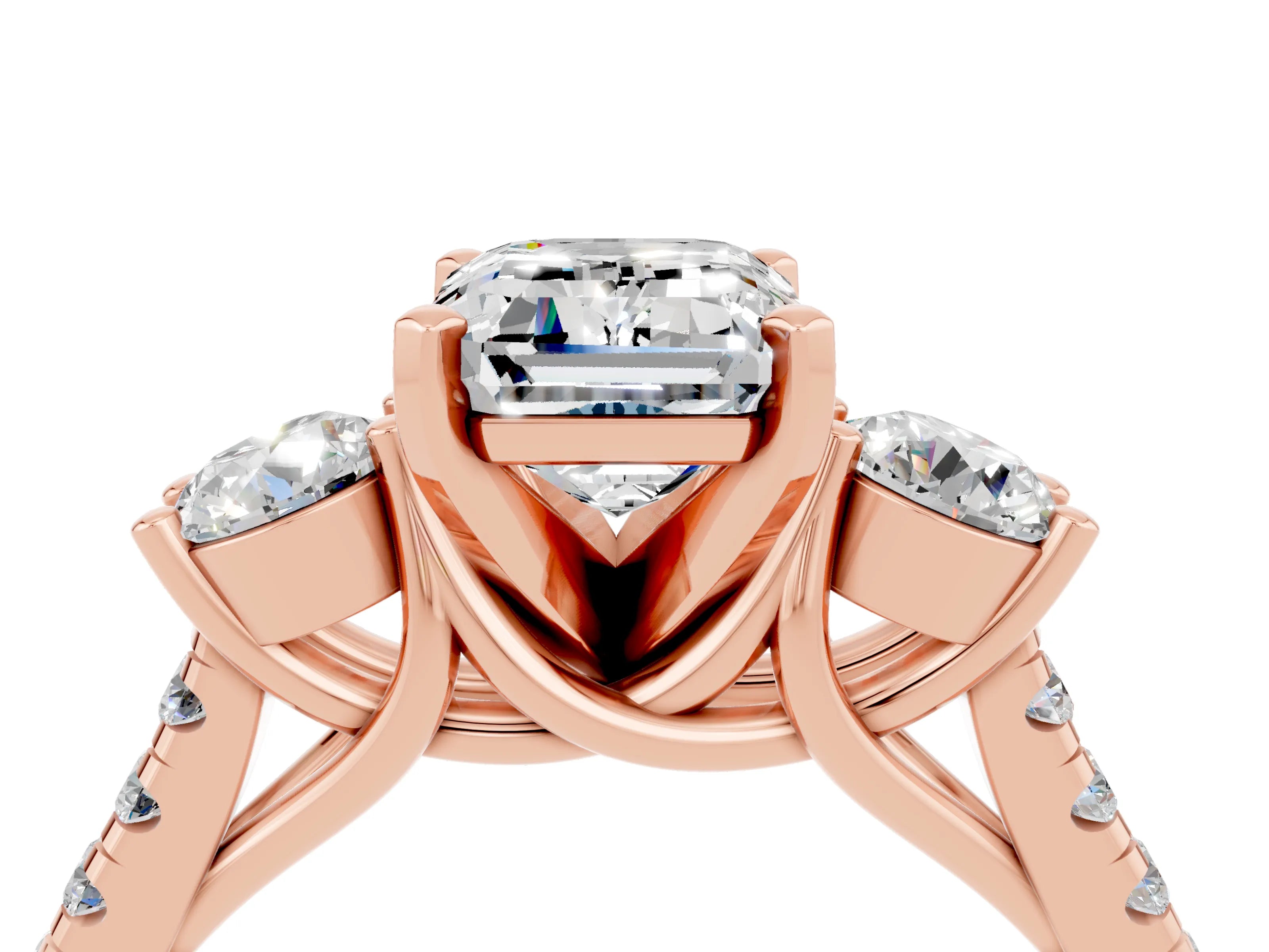 Rose gold Three-Stone Emerald Cut Moissanite Pavé Band with Four-Prong Setting_4