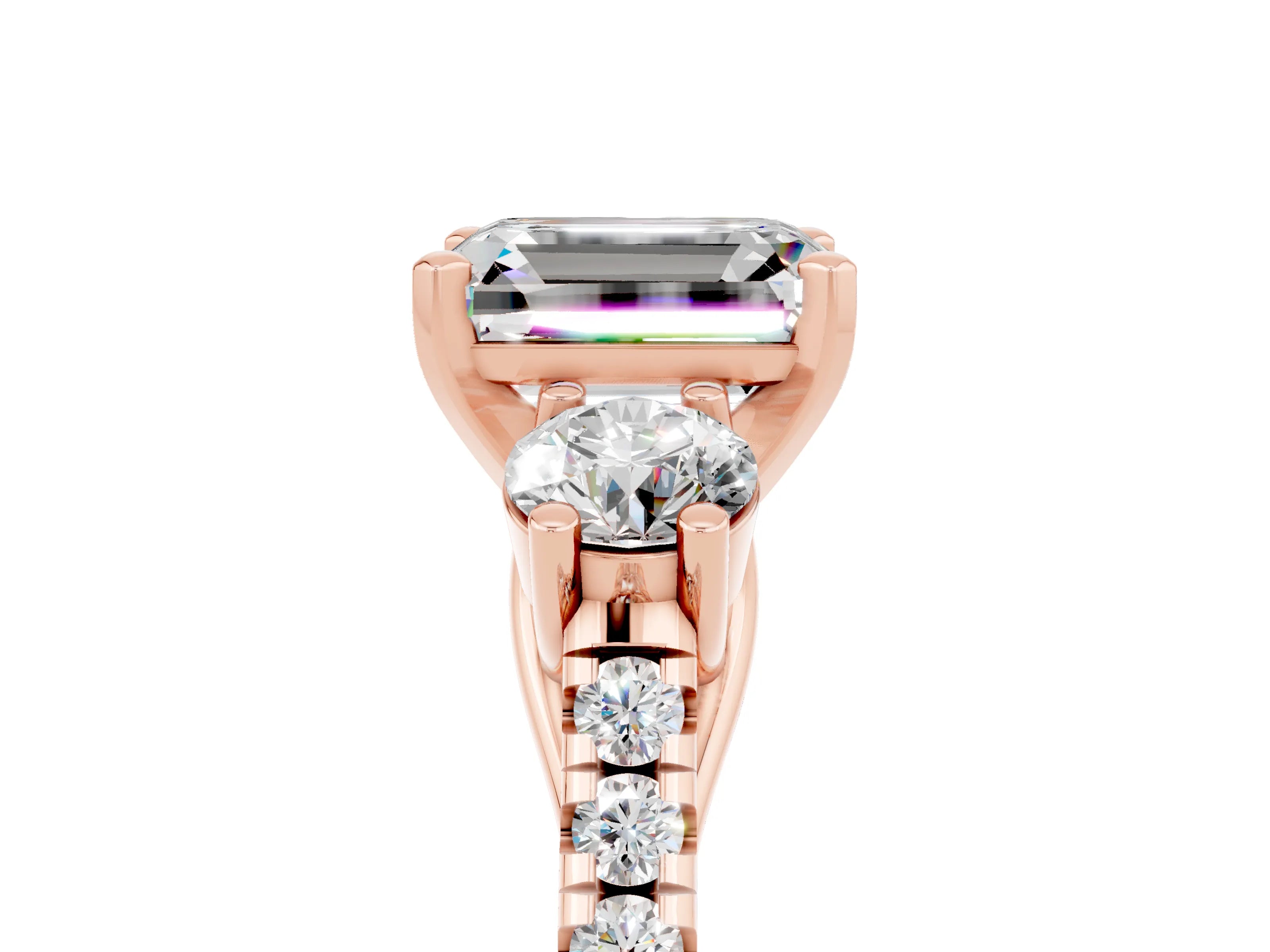 Rose gold Three-Stone Emerald Cut Moissanite Pavé Band with Four-Prong Setting_5