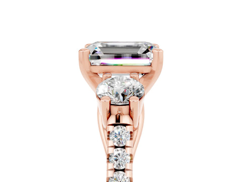 Rose gold Three-Stone Emerald Cut Moissanite Pavé Band with Four-Prong Setting_5