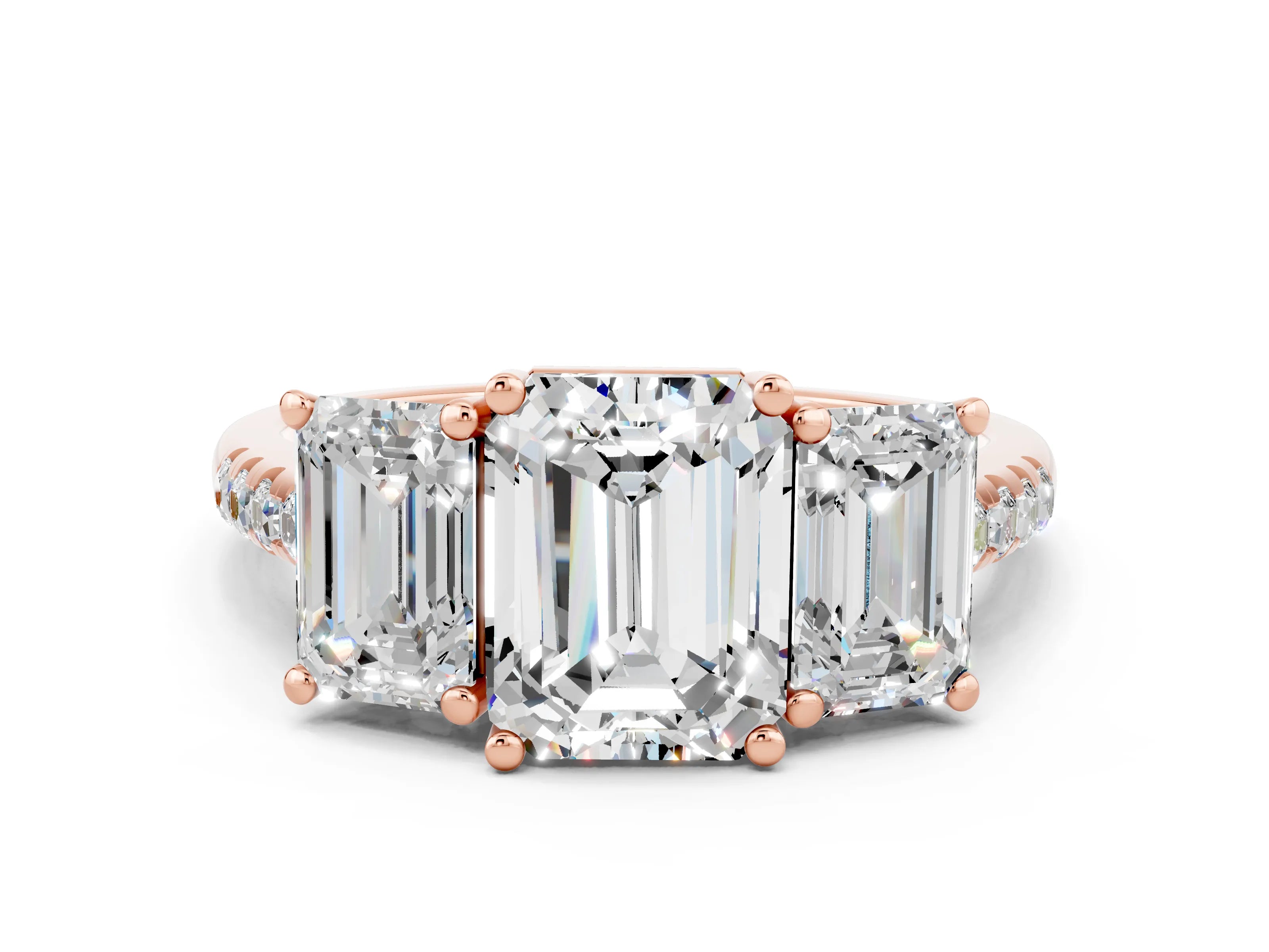 Rose gold Three-Stone Emerald Cut Moissanite Ring with Pavé Band and Prong Setting_12