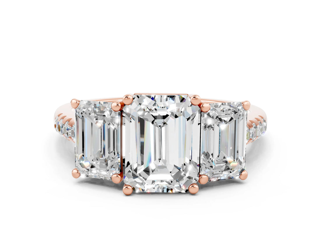 Rose gold Three-Stone Emerald Cut Moissanite Ring with Pavé Band and Prong Setting_12