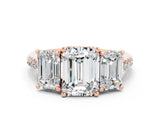 Rose gold Three-Stone Emerald Cut Moissanite Ring with Pavé Band and Prong Setting_12