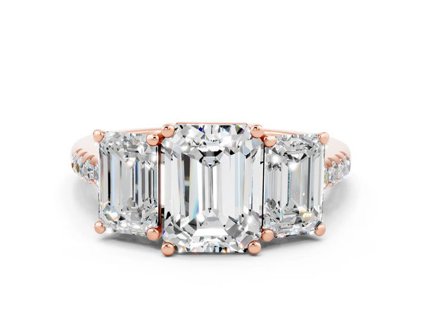 Rose gold Three-Stone Emerald Cut Moissanite Ring with Round  Pavé Band and Prong Setting