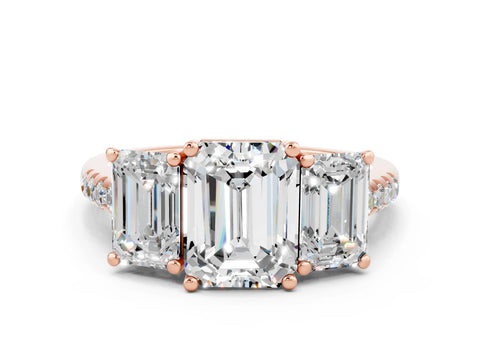 Rose gold Three-Stone Emerald Cut Moissanite Ring with Pavé Band and Prong Setting_12