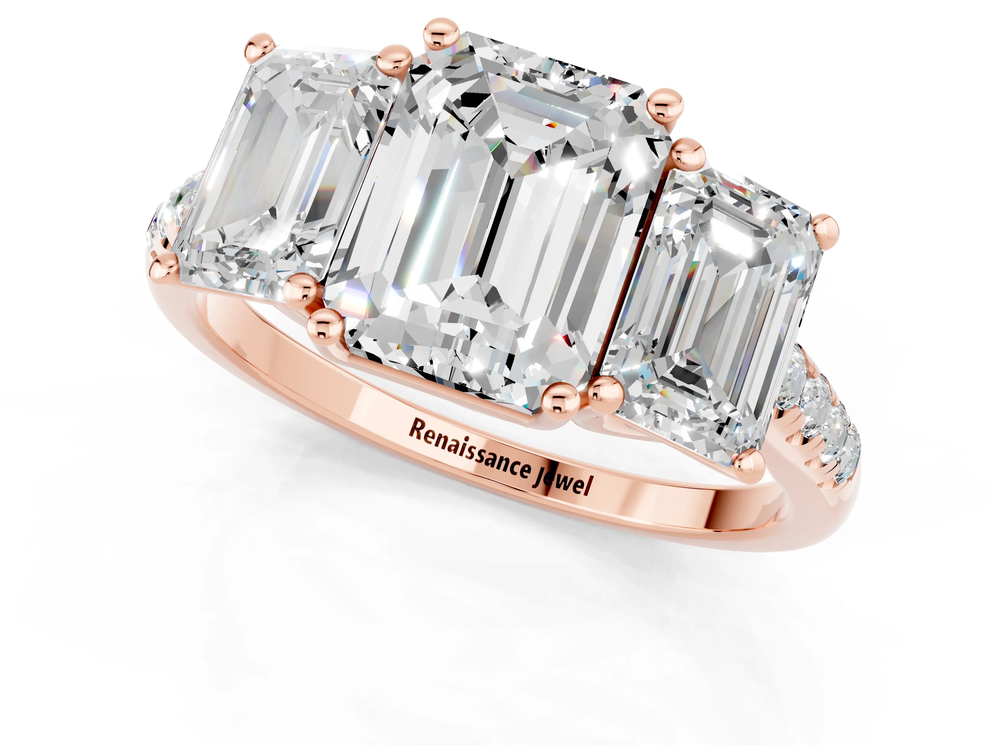 Rose gold Three-Stone Emerald Cut Moissanite Ring with Pavé Band and Prong Setting_13