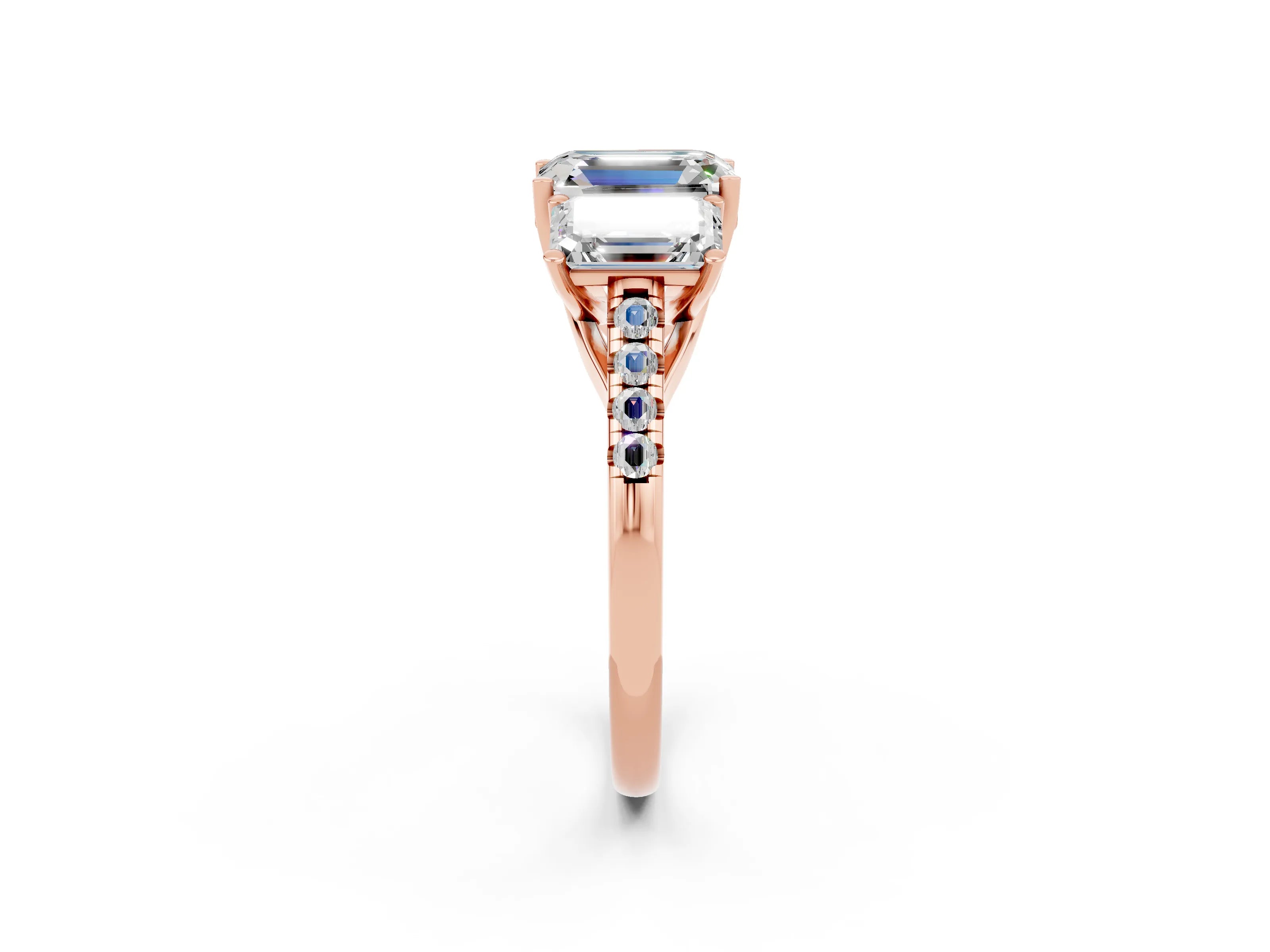 Rose gold Three-Stone Emerald Cut Moissanite Ring with Pavé Band and Prong Setting_14