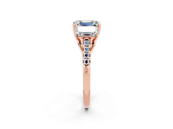 Rose gold Three-Stone Emerald Cut Moissanite Ring with Round  Pavé Band and Prong Setting