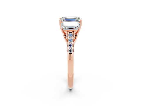 Rose gold Three-Stone Emerald Cut Moissanite Ring with Pavé Band and Prong Setting_14