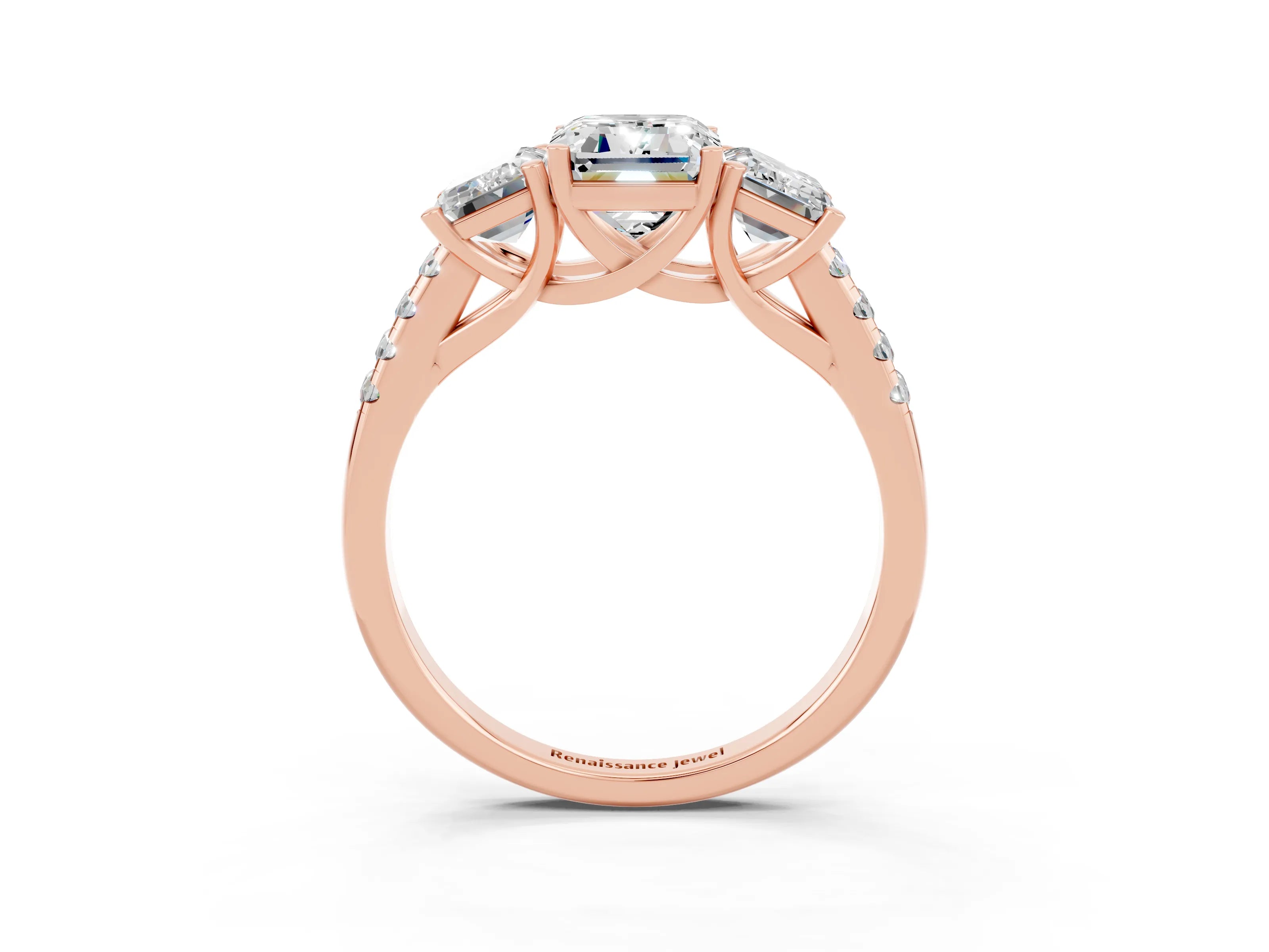 Rose gold Three-Stone Emerald Cut Moissanite Ring with Pavé Band and Prong Setting_15