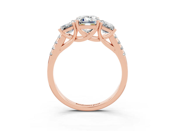 Rose gold Three-Stone Emerald Cut Moissanite Ring with Round  Pavé Band and Prong Setting