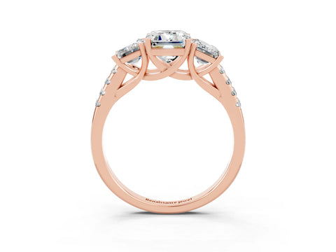Rose gold Three-Stone Emerald Cut Moissanite Ring with Pavé Band and Prong Setting_15