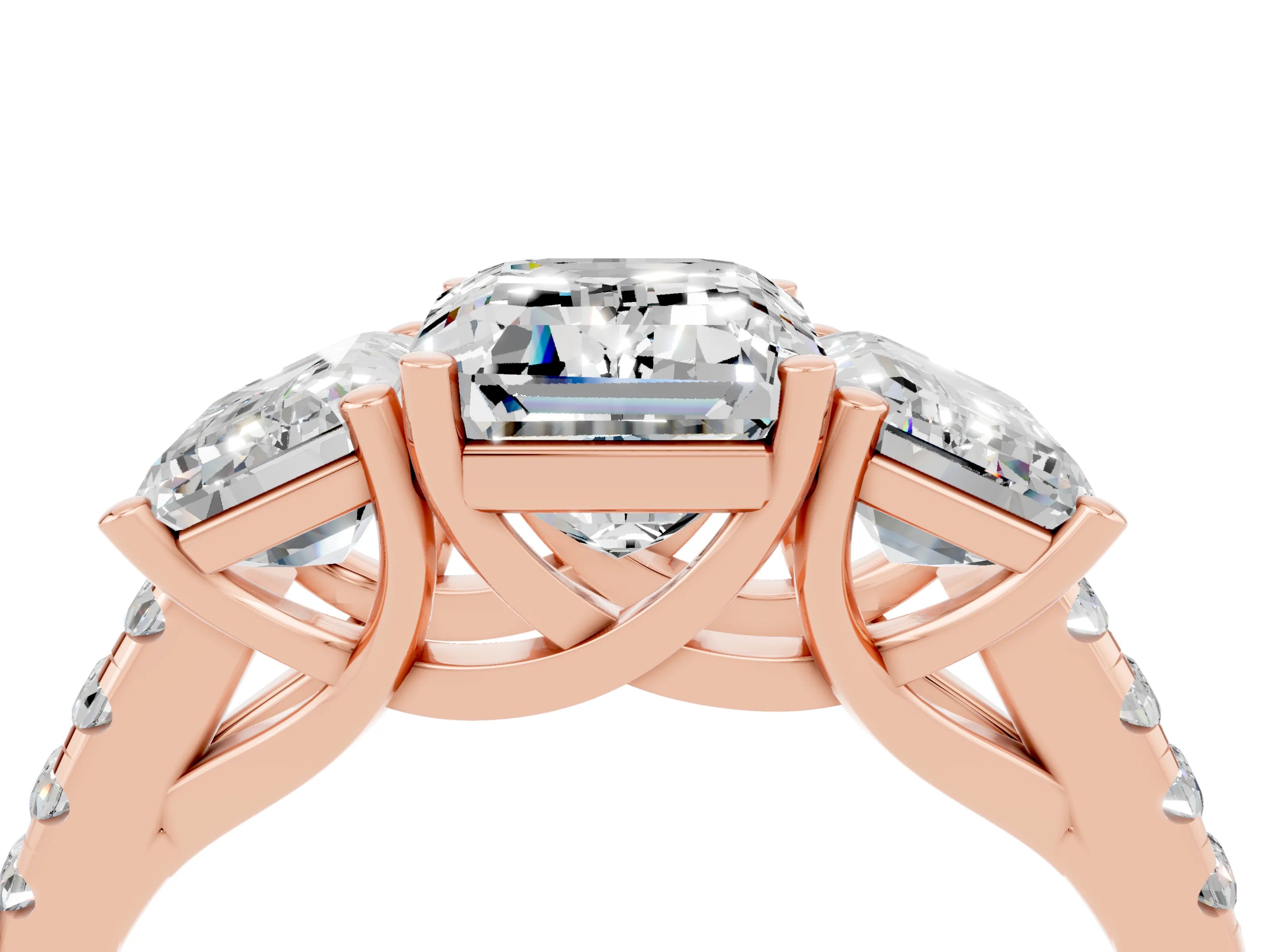 Rose gold Three-Stone Emerald Cut Moissanite Ring with Pavé Band and Prong Setting_16
