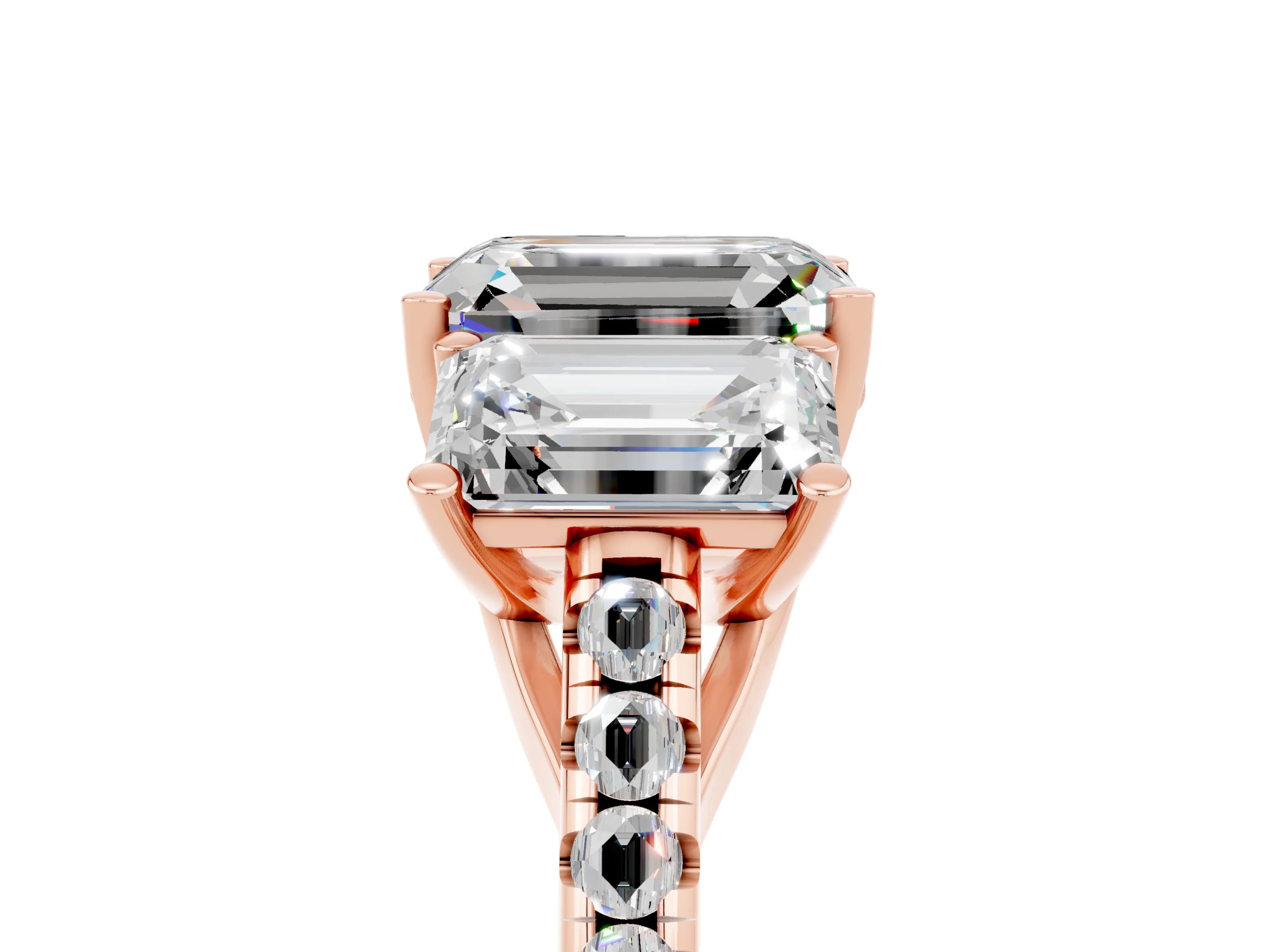 Rose gold Three-Stone Emerald Cut Moissanite Ring with Pavé Band and Prong Setting_17