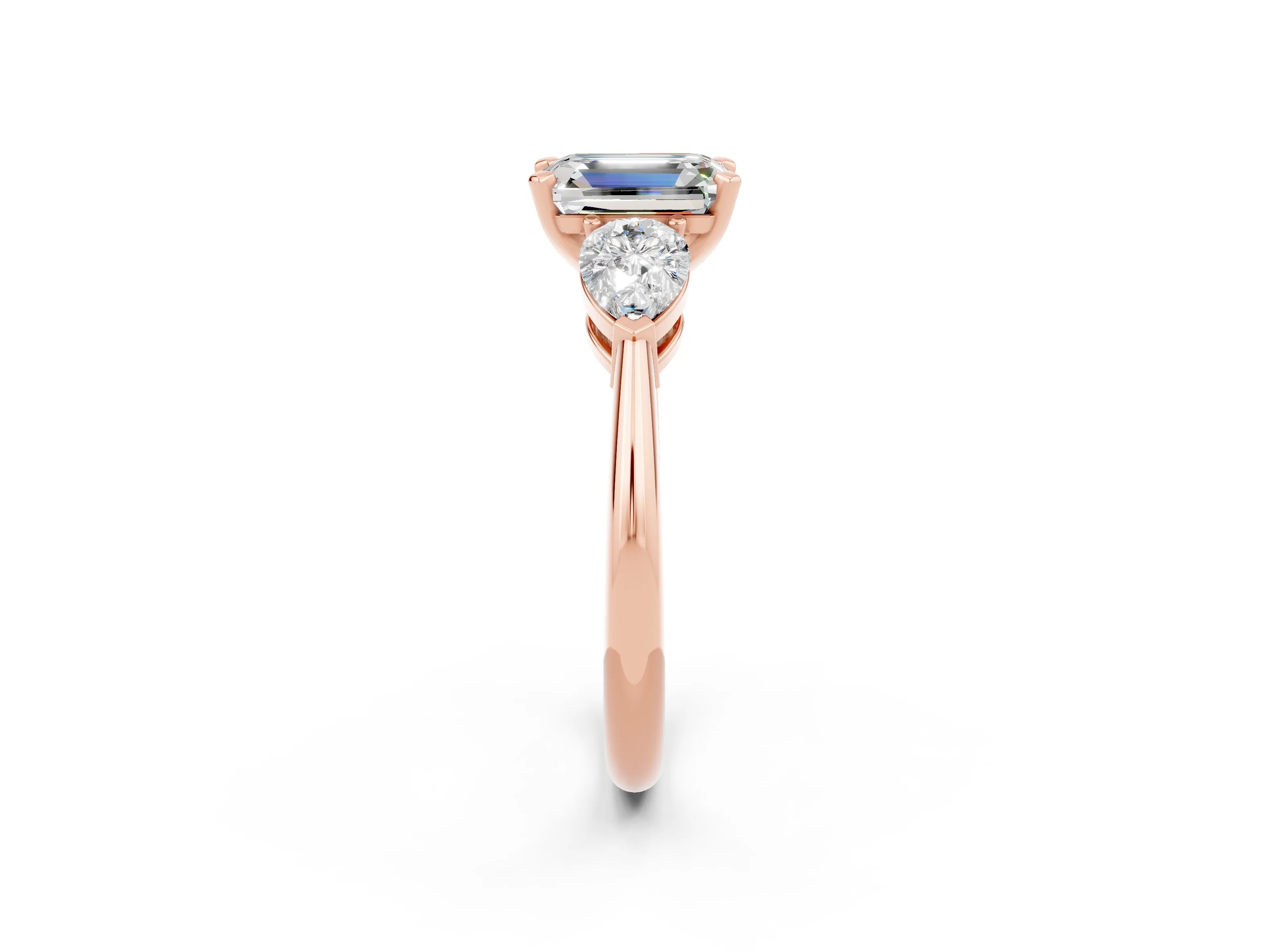 Rose gold Three-Stone Emerald Cut Moissanite Ring with Pear Side Stones and Four-Prong Setting_2