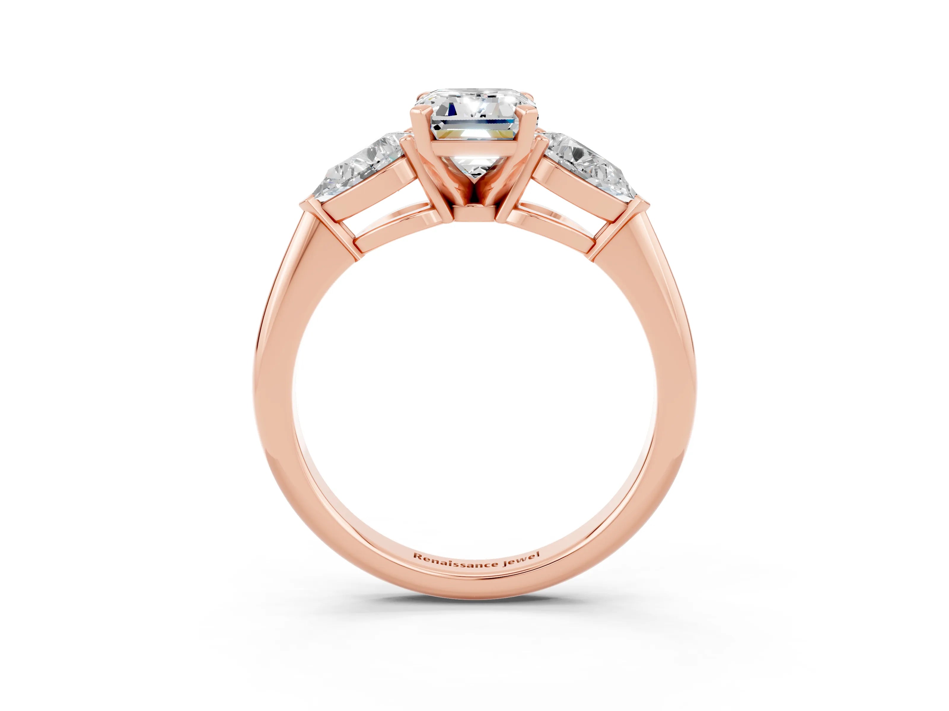 Rose gold Three-Stone Emerald Cut Moissanite Ring with Pear Side Stones and Four-Prong Setting_3