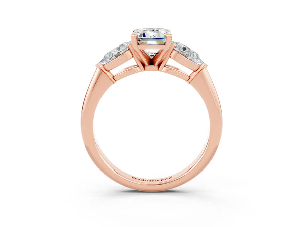 Rose gold Three-Stone Emerald Cut Moissanite Ring with Pear Side Stones and Four-Prong Setting