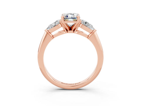 Rose gold Three-Stone Emerald Cut Moissanite Ring with Pear Side Stones and Four-Prong Setting_3