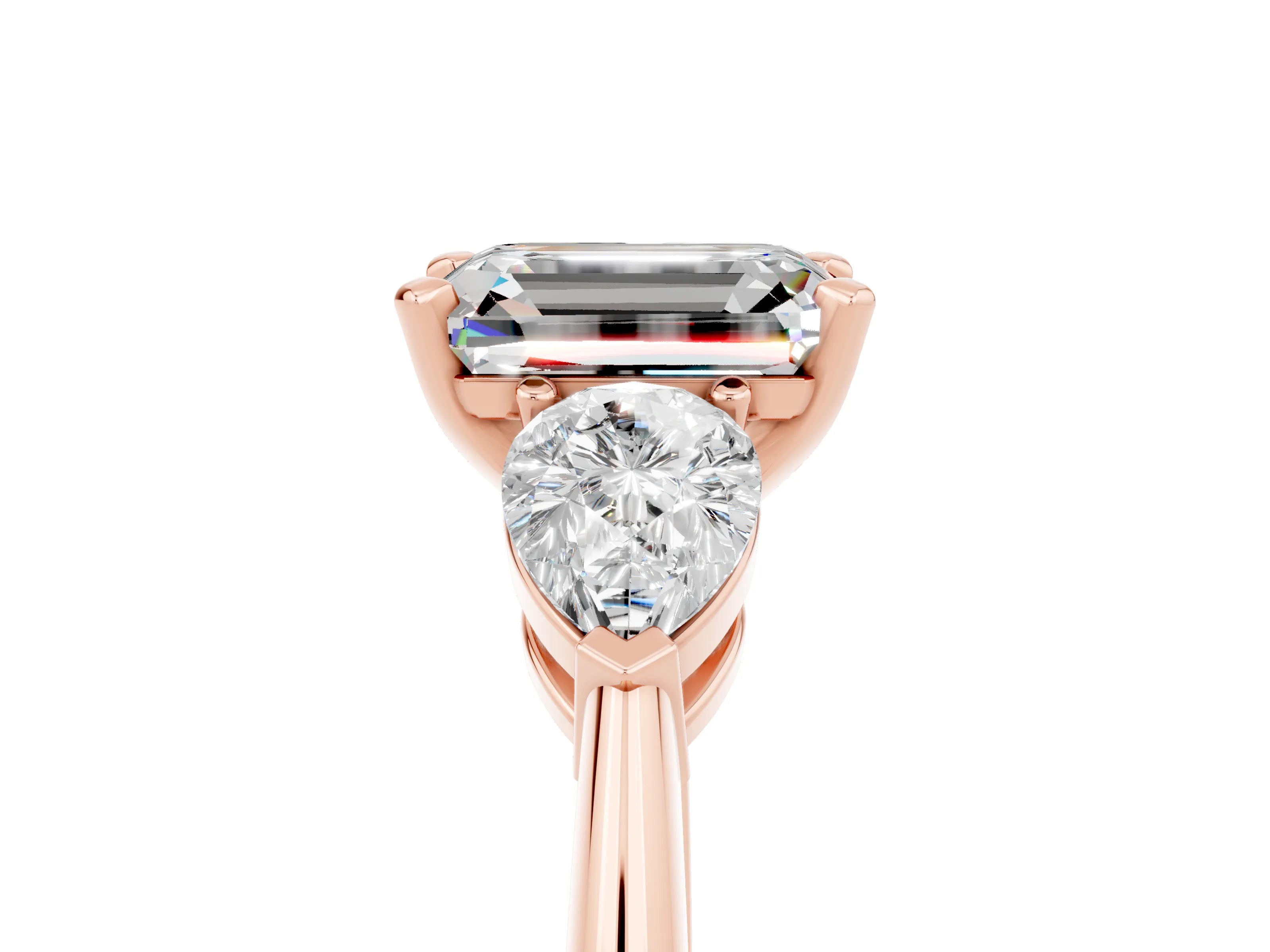 Rose gold Three-Stone Emerald Cut Moissanite Ring with Pear Side Stones and Four-Prong Setting_5
