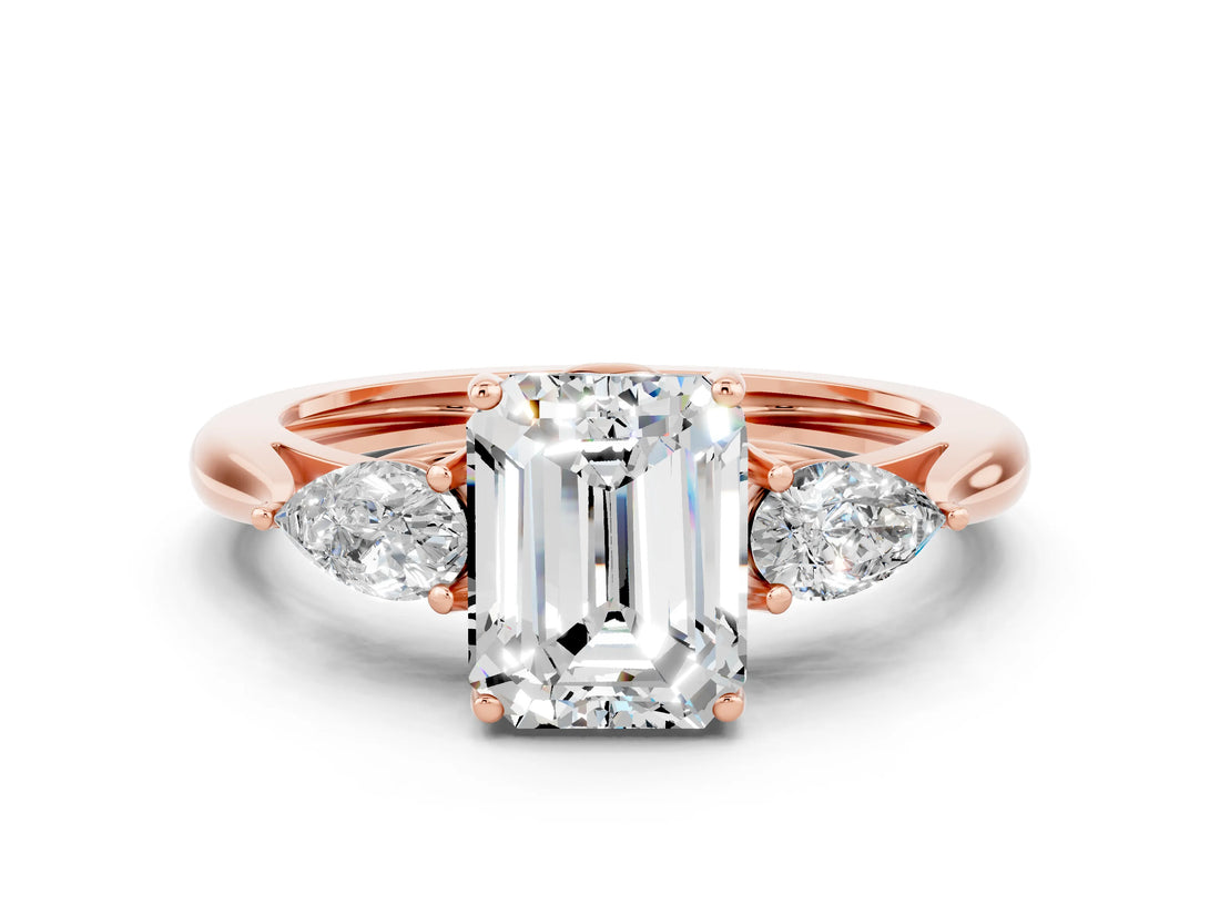 Rose gold Three-Stone Emerald Cut Moissanite Ring with Pear  Side Stones in Four-Prong Setting_12