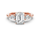 Rose gold Three-Stone Emerald Cut Moissanite Ring with Pear  Side Stones in Four-Prong Setting_12