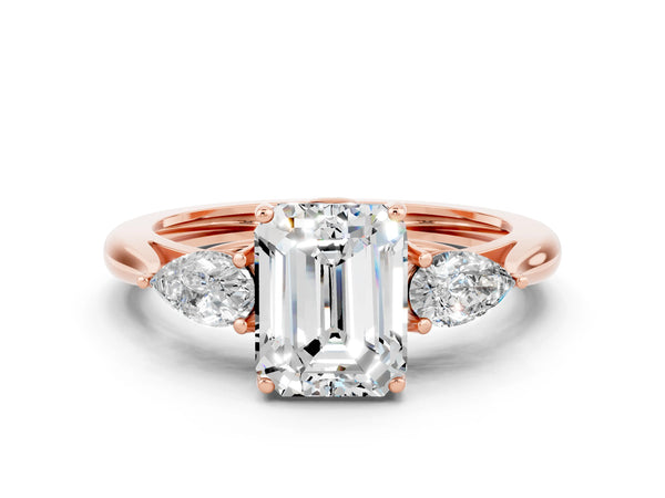 Rose gold Three-Stone Emerald Cut Moissanite Ring with Pear  Side Stones in Four-Prong Setting