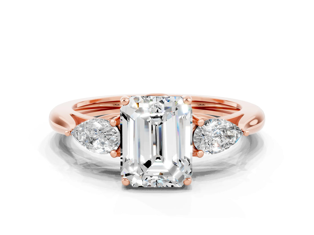 Rose gold Three-Stone Emerald Cut Moissanite Ring with Pear  Side Stones in Four-Prong Setting_36